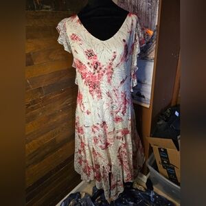 Oscar White Lace Dress w/ Pink Floral Design, Size 3
